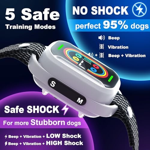 Smart Bark Collar for Dogs, 5 Modes Training Collar | Smart bark collar with beep, vibration and shock modes, 7 sensitivity levels, LED display, rechargeable waterproof design