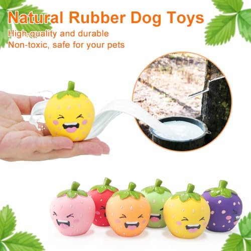 Squeaky Dog Toys Strawberry, Natural Soft Rubber Dog Chew Toys, 2 Inch Interactive Enrichment Fruit Toys for Small Dogs & Puppies of All Teething Stages(6 Pack)