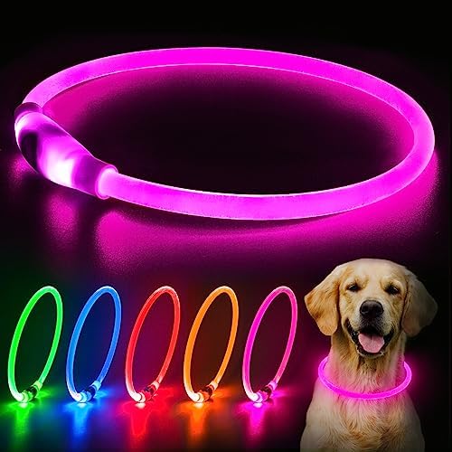 Flashseen LED Dog Collar, USB Rechargeable Glow Lighted up Collar, Pink