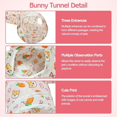 PINVNBY Large Rabbit Tunnel，Collapsible Rabbit Tunnels for Indoor Bunnies Bunny Hideout with 5 Types of Chewing Toys for Ferret Kitten Small Animals (T Shape)