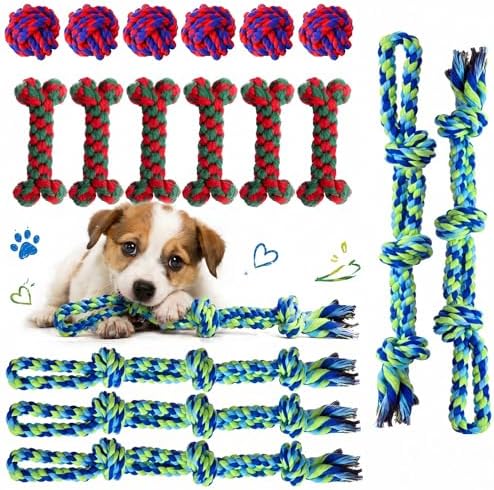 18 Pcs Dog Rope Toys Set Interactive Cotton Chew Toys for Aggressive Chewers 3 Knots Rope Balls for Medium Small Dog Puppy Tug of War Pet Teeth Cleaning Fun Training Birthday Gifts
