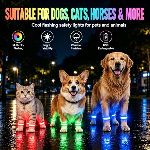 USB Rechargeable LED Pet Leg Bands 8.3×1 Inch, Adjustable 4cm | 3 Light Modes | Waterproof Night Safety Glow Straps for Dogs, Cats & Outdoor Activities (2-Pack)