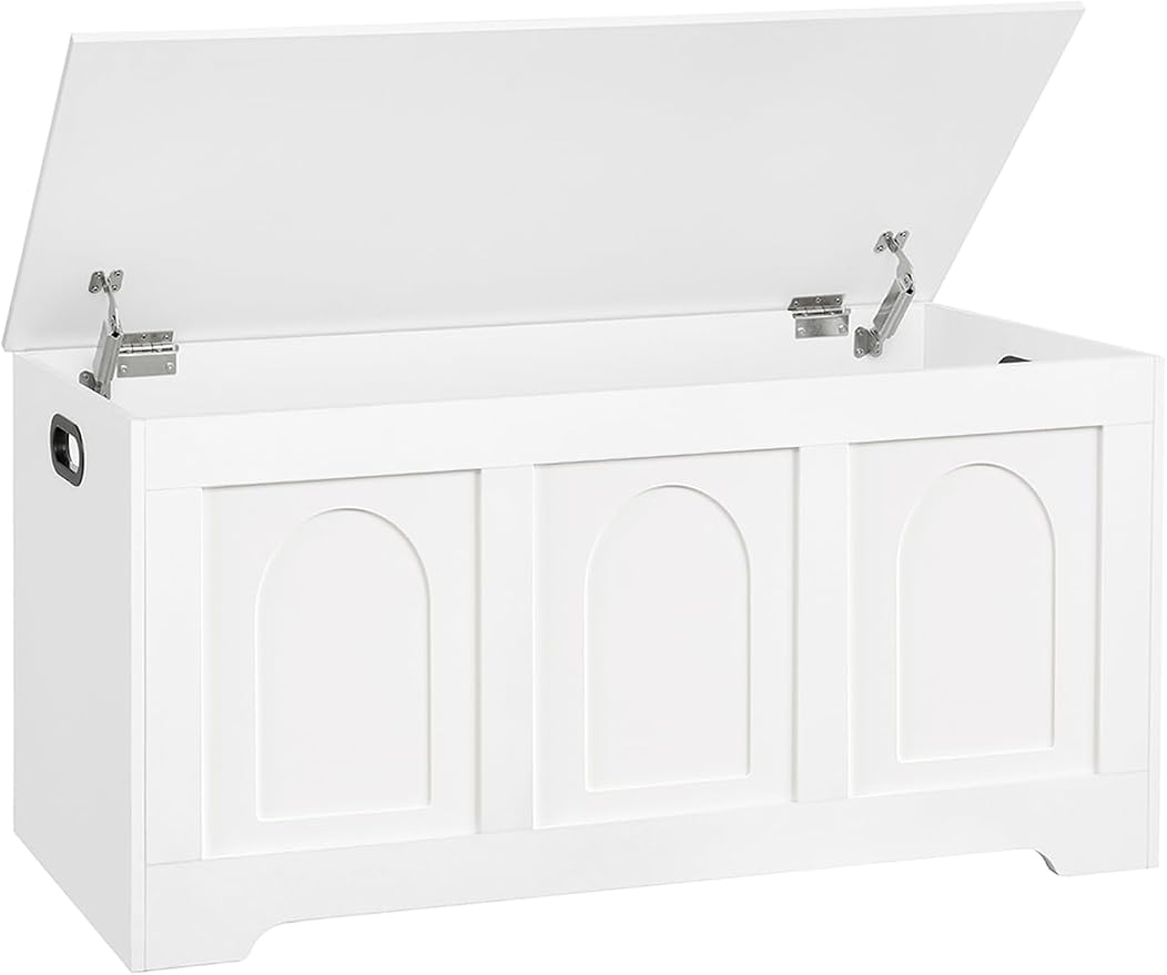 Storage Chest, Wooden Toy Box, White 39.4" L | Entryway Shoe Bench, 2 Soft-close Hinges, Finger-safe Flip-Top Lid, Easy Assembly, Farmhouse Large Trunk, Living Room/Bedroom