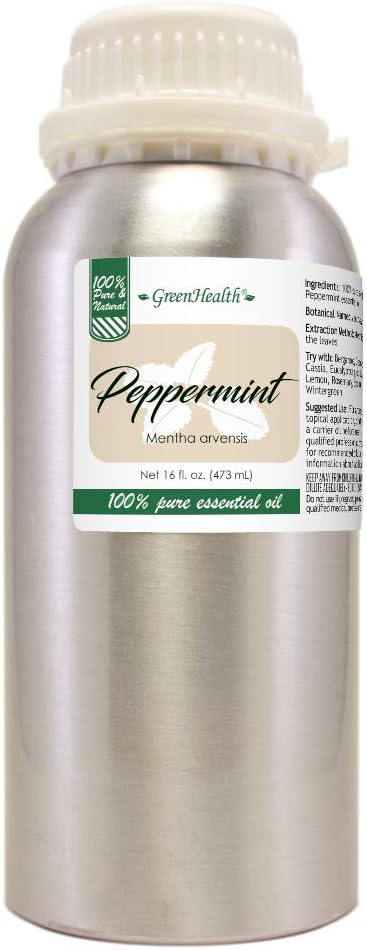 GreenHealth Peppermint Essential Oil – 16 fl oz – 100% Pure & Uncut – Steam-Distilled – Aluminum Bottle for Diffuser, Cleaning, DIY Projects