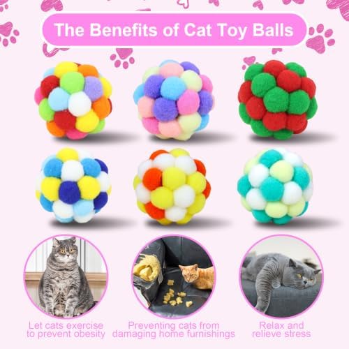Cat Toys Balls 6 Pieces with Bells 5cm Soft Cat Pom Poms Balls Cats Interactive Ball Toy for Cats Kitten Indoor Outdoor Playing Chewing Scratching (Cat Ball Set 2)