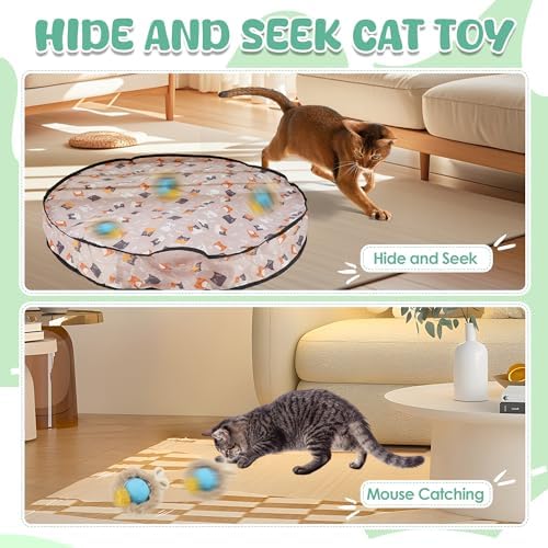 Cat Mat Hide and Seek Toy, Interactive Cat Toy Ball with Bird Chirp Sound, Smart Induction Oxford Cloth Hunting Cover, USB Rechargeable Indoor Play Toy for Cats