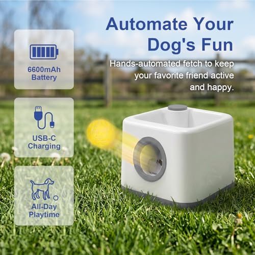 cjc Automatic Dog Ball Launcher,Interactive Fetch Toy for Small/MediumDogs,Pet Ball Thrower Machine for Outdoor Use with 5 PCS Balls,Adjustable Distance 20-40FT (Gray)