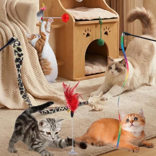 QUOZUO 8 Pack Interactive Cat Wand Toy Set, Cat Teaser Wand with Bells Colorful Feather Rainbow Kitten Toys for Exercise Indoor Cats Kitten