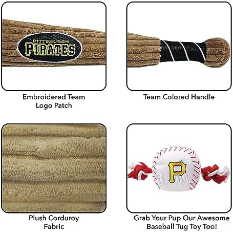 MLB Pittsburgh Pirates Baseball Bat Toy for DOGS & CATS. Soft Corduroy Plush Dog Toy with Inner SQUEAKER, MLB Chew Toys for Dogs or Cats. Durable Fun Interactive Dog Toy with Team Names and Logo