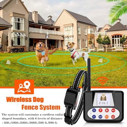 Wireless Dog Fence, Electric Dog Fence & Training Collar with Remote, 2024 Wireless Dog Boundary Containment System, Large Range Sizes, Waterproof Rechargeable Collar for All Dogs,for4dogs