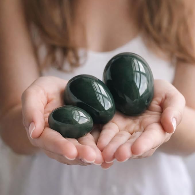 Natural Nephrite Jade 3-Piece Predrilled Egg Set – Large, Medium & Small with Instructions and 55 Yards of String, by Polar Jade