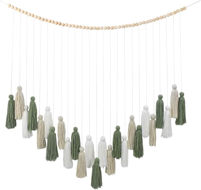 DrCor Sage Green Boho Tassel Garland Wall Hanging Decor | Handcrafted yarn fringe for classroom, dorm, baby shower and farmhouse styling. Lightweight, easy to hang, reusable.