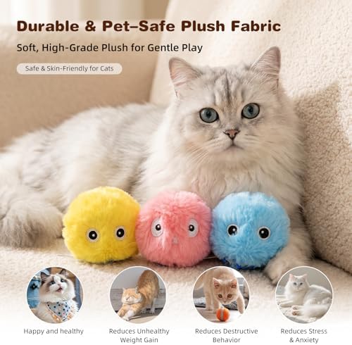 3 Pack Fluffy Cat Toy Ball, Interactive Chirping Plush Cat Toy with 3 Lifelike Animal Chirps & Refillable Catnip for Indoor Kitten & Small Pets