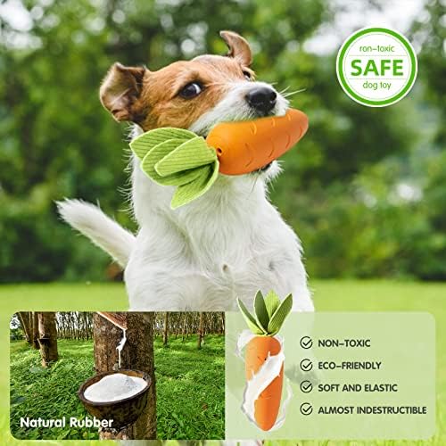 HEYKEY Dog Squeaky Chew Toys, Indestructible Suitable for Aggressive Chewers, Durable Natural Rubber Carrot Dog Toys Milk-Flavored Dog Teeth-Cleaning Toy for Puppy Medium Large Dogs, Orange