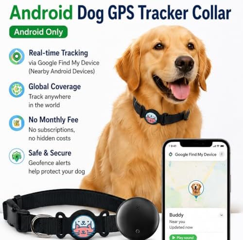 GPS Dog Tracker Collar, Android Only Pet Tracker with Adjustable Collar Compatible with Google Find My, Waterproof Smart Tag Dog Collar, No Monthly Fee, for Small Medium Large Dogs