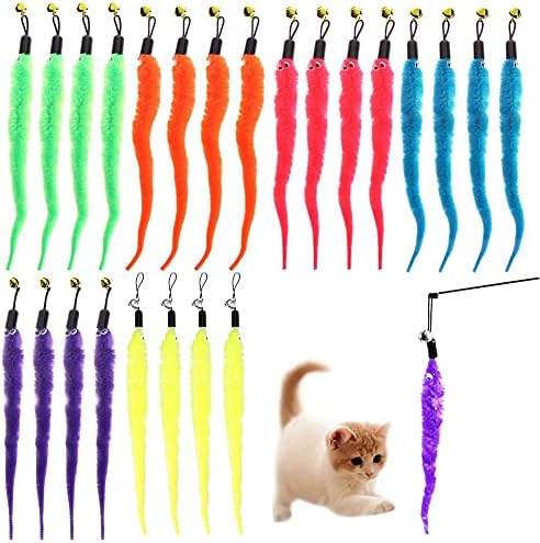 KuuGuu 24 PCS Cat Worm Toy Replacement Teaser with Bell Refills Indoor Cat's Interactive Wand and Catch Wand Soft Squiggly Worm Teaser Refills Attachment Interactive Catch Toy Accessories （6 Color）