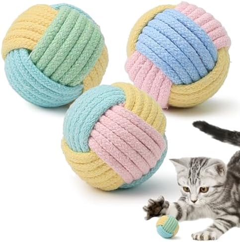 Cat Toys Balls with Bell Inside, 2-Inch Soft Interactive Chew Toys for Indoor Cats & Kittens, Colorful Rope Balls with Crinkle Sound for Chasing Play and Dental Health, 3 Pcs