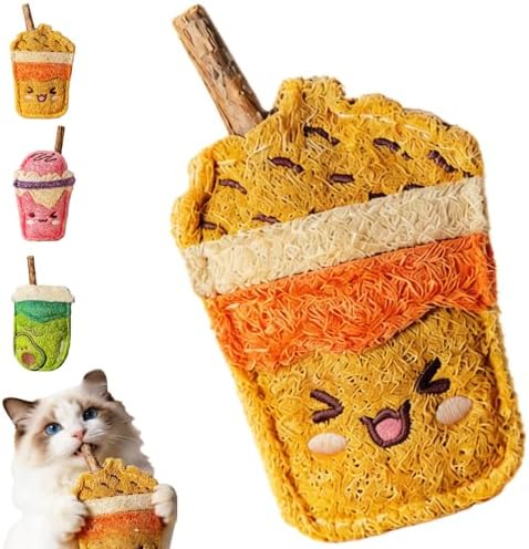 Natural Loofah Chew Cat Toys Janpanese Style, Dental Care Silvervine Sticks for Indoor Cats and Kittens, Milk Tea Cup-Shaped Catnip Treat Toys (Brown)
