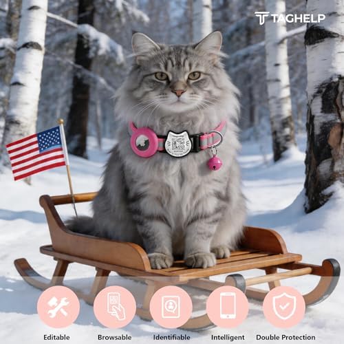 Cat Collar with AirTag Holder, QR Code Tag and Bell (Rose red)