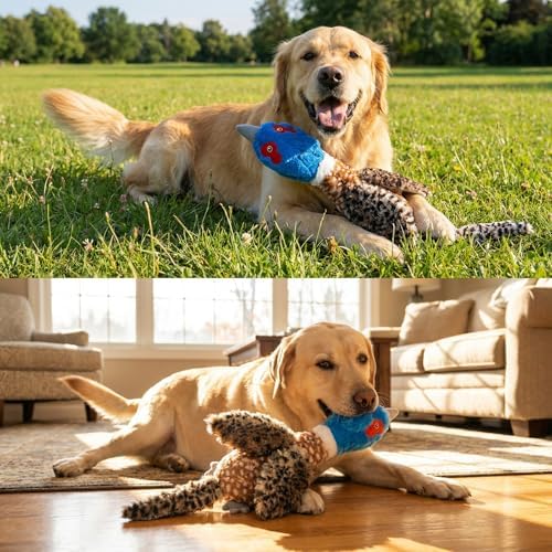 24” Jumbo Quilted Duck Dog Toy – Durable Tie-Dye Plush Bird with Double Squeakers & Crinkle Sound, No Stuffing Interactive Toy for Medium & Large Dogs