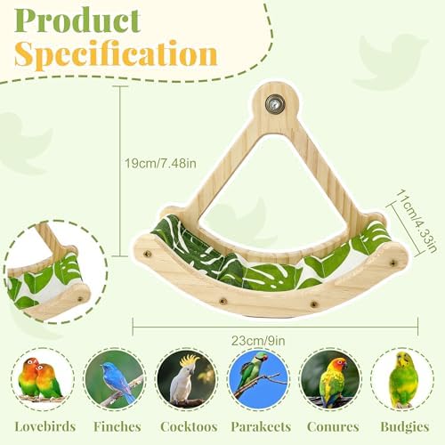 FlidRunest Upgrade Bird Perch Toy with Hammock, Interactive Rocking Parakeet Foraging Toys Green Fabric Mat Hammock, Wooden Exercise Wheel Birds Enrichment Toy Cage Accessories for Budgies Conure