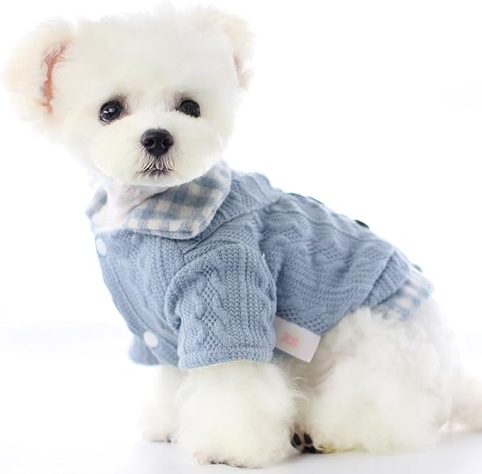 Dog Princess Sweater for Small Dogs Thick Shirt Plaid Clothes Costume Pet Girl Cute Coat Outfits Fall Costumes Winter Dog Sweaters (L,Blue)