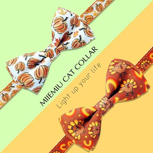 Fall Thanksgiving Harvest Cat Collar with Removable Bow Tie and Bell, Holiday Safety Breakaway Collar with Turkey and Pumpkin Spice Pattern for Boys and Girls Kitties Kittens