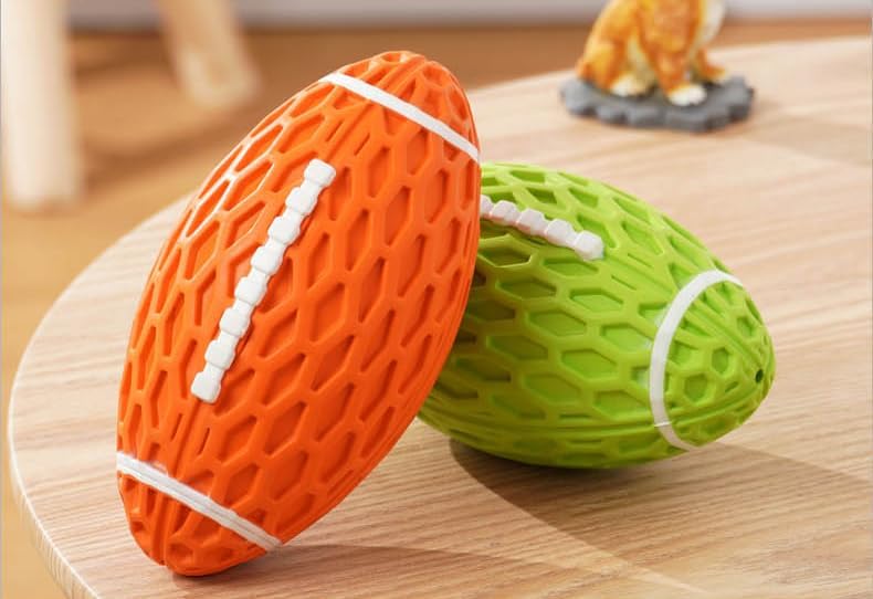 AUSCAT 2PCS Squeaky Dog Football Toy, Dog Chew Toy, Tough Rubber Dog Ball for Small Medium Dogs, Green and Orange, Small Size, 4.1''