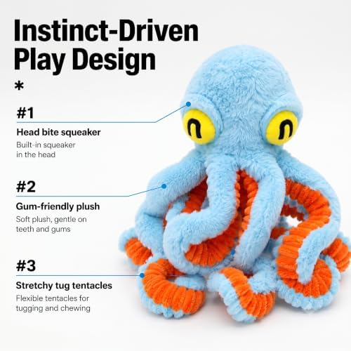 Squeaky Dog Plush Chew Toy, Interactive Tug Squeaky Toy for Chewers, Medium & Large Dogs & Fetch Play, 19.7 Inch Stuffed Octopus Toy with Flexible Spring Tentacles for Gentle Gum Care & Boredom Relief