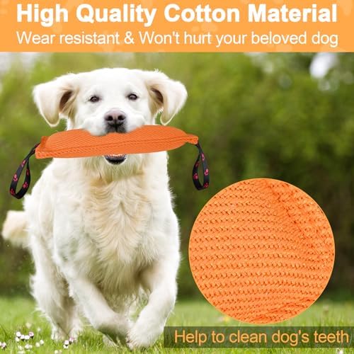 ToLanbbt Dog Tug Toy Bite Jute Pillow Pull Toy with 2 Strong Handles Perfect for Tug of War, Puppy Interactive Play, Tear Resistant Bite Training for Small Medium Large Dogs (Bright Orange-Footprint)