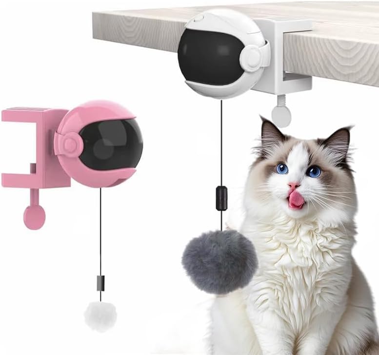 Automatic Cat Teaser Toy with Electric Yo-Yo Motion, Clamp-On Design, Plush Ball Attachment for Interactive Play