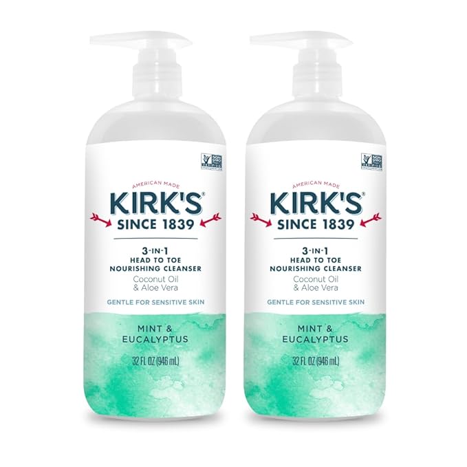 Kirk's 3-in-1 Head to Toe Nourishing Liquid Cleanser - for Men, Women, & Children - Premium Coconut Oil & Aloe Vera - Non GMO & Vegan - Mint and Eucalyptus - 32 Fl Oz. 2 pack