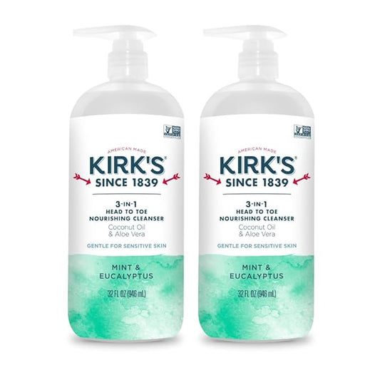 Kirk's 3-in-1 Head to Toe Nourishing Liquid Cleanser - for Men, Women, & Children - Premium Coconut Oil & Aloe Vera - Non GMO & Vegan - Mint and Eucalyptus - 32 Fl Oz. 2 pack