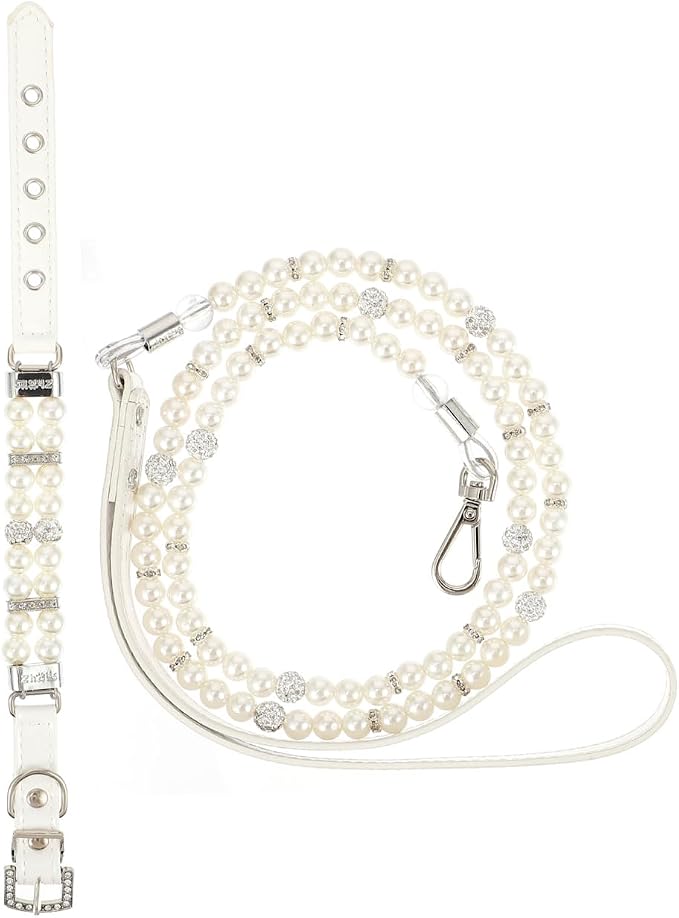 POPETPOP 2Pcs Dog Pearls Collar and Leash Set Elegant Pearl Decorated Neckwear for Outdoor Walking Training Birthday Party Wedding Christmas Use