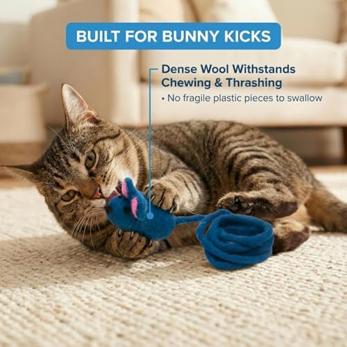 Glaciart One Felt Mouse Cat Toy – Soft Fuzzy Enrichment 100% Natural Wool - Interactive Catnip Play Cat Toy Set - Safe for Pets, Non-AZO Colored Dyes - 42” Long