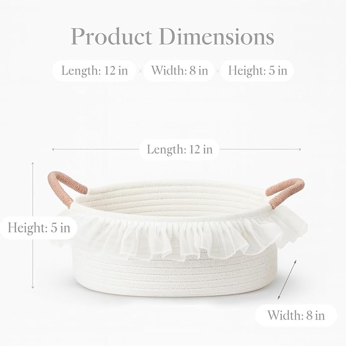 Yimi's Dream White Cotton Rope Gift Basket with Handle and Lace, 12 x 8 in | Woven Storage Basket with Handle for Baby Shower, Easter, Housewarming, First Communion, Wedding, Nursery, Towels, and Gifts