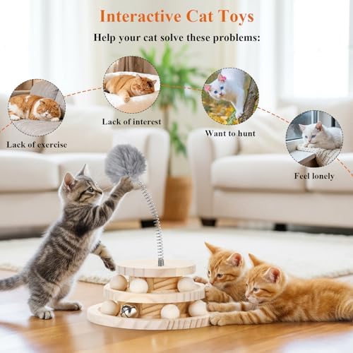 Cat Toy Track Ball with Bell Teaser Wand - Double-Layer Tower Roller, Interactive Wooden Cat Toy for Mental & Physical Exercise, Double Fun for Kittens & Cats
