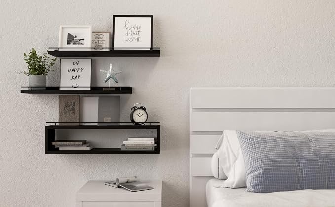 Floating Shelves for Wall 24 inch with Cube Shelf, Wall Shelves with Metal Rail for Decor, Bathroom Organizers and Storage, Over Toilet Shelves for Bathroom, Toilet Paper-Black