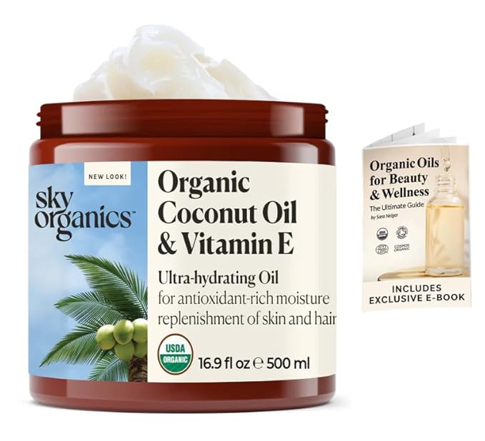 Sky Organics - Multipurpose Organic Coconut Oil for Skin & Hair, 16.9 fl oz - Extra Virgin Hair Oil & Body Moisturizer - Vitamins, Antioxidants & Fatty Acids - Vegan, Cruelty Free with ebook