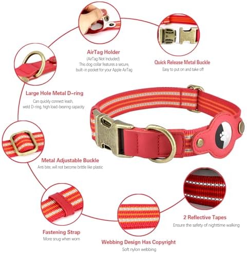 Airtag Dog Collar, Reflective Collar with Airtag Holder for Large Dogs(Red)