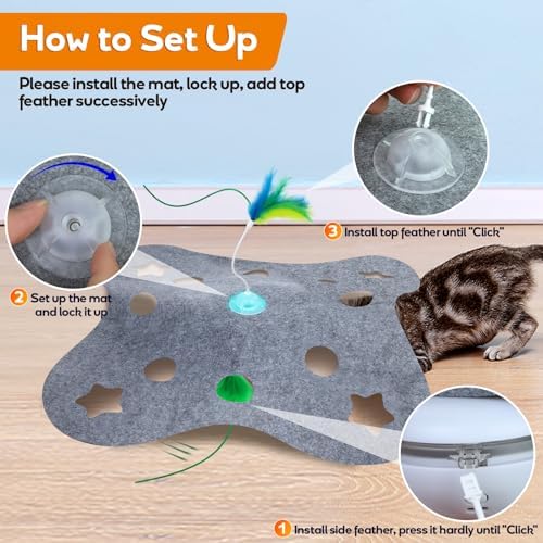 Giociv Interactive Cat Toys for Indoor Cats Exercise Toys Spin Feather Wand Tumbler Base, Touch Activate Mode Peek-A-Boo Felt Cover Toy Rechargeable