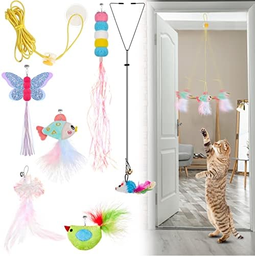 8 Pcs Doorway Cat Toys Indoor Feather Cat Toys Door Hanger Cat Toys Interactive Hanging Cat Toys Dragonfly Little Mouse Toys Retractable Cat Teaser Toys Kitten Toys for Play, 6 Styles (Vibrant Style)