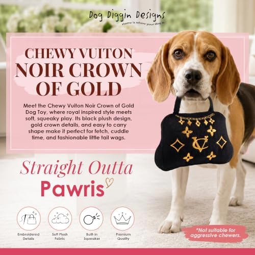 Dog Diggin Designs Chewy Vuiton Crown of Gold Plush Dog Toy | Luxury-Inspired Parody Royal Crown with Squeaker, Soft Plush Statement Dog Toy – Fashion-Forward Play