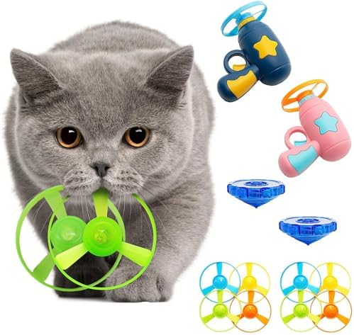 14 Pieces Cat Fetch Toys, Interactive Flying Cat Toy with 2 Light Up Spinning Tops, 10 Flying Propellers, Cat Kitten Tracks Interactive Toy for Training Hunting Chasing