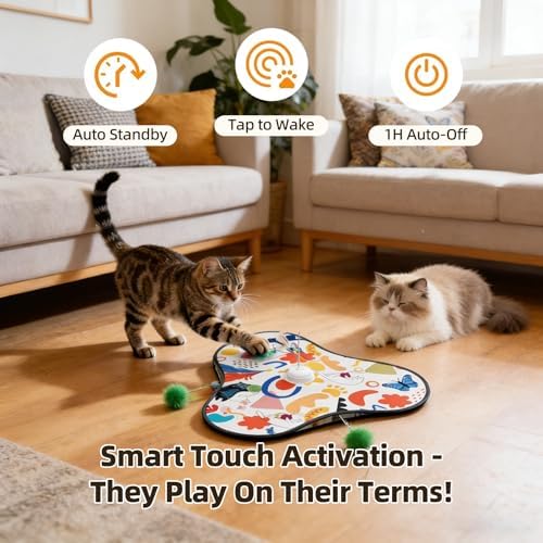 Interactive Cat Toys for Indoor Cats,3-in-1 Hide and Seek Cat Toy with Moving Concealed Wand Feather&Fluttering Butterfly,3 Prey Sounds，Auto Chargeable Play Mat for Bored Adult Cats&Kittens(White)