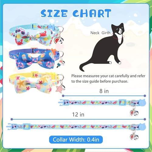 KOOLTAIL Cat Collar Breakaway with Bow Tie and Bell, 3 Pack Fancy Blue Ocean Theme Kitten Collars with Cute Charm Pendant & Safety Buckle, Adjustable Soft Collars for Boys Girls Kitty