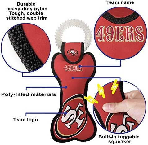 Pets First NFL SAN Francisco 49ERS Dental Dog TUG Toy with Squeaker. Tough PET Toy for Healthy Fun, Teething & Cleaning Pet's Teeth & Gum.
