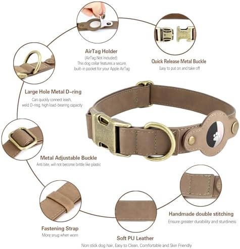 Airtag Dog Collar, PU Leather Brown Collar w Airtag Holder for Medium Dogs