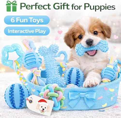Puppy Chew Toys, 6 Pack Puppy Teething Toys for Small Breed, Soft Rubber Cute Blue Dog Toys, Eco-Friendly, Teeth Cleaning Interactive Tiny Puppy Toys for Small Dog (Basket not Included)