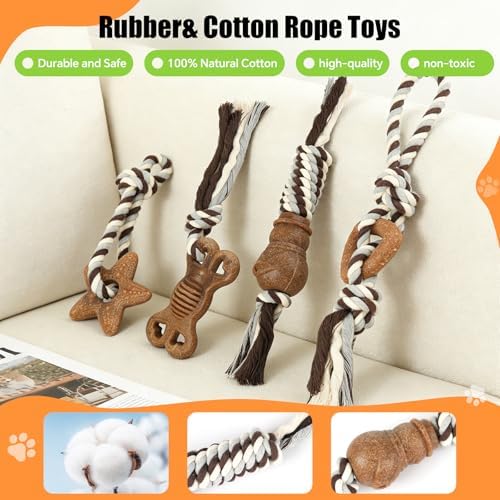 4 Pack Dog Chew Toys for Aggressive Chewers – Puppies & Adults, Multiple Textures & Rope， ndestructible Tough Durable Interactive Dog Toys， Brown Triangle&Stars&Bone&Snowman